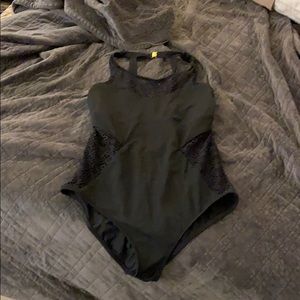 Black halter crochet one-piece swimsuit